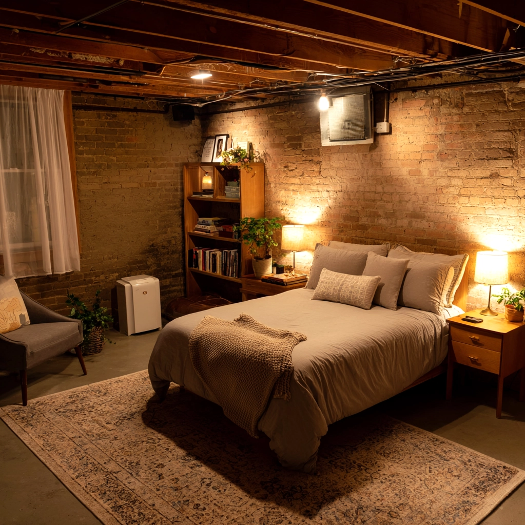 cozy unfinished basement bedroom