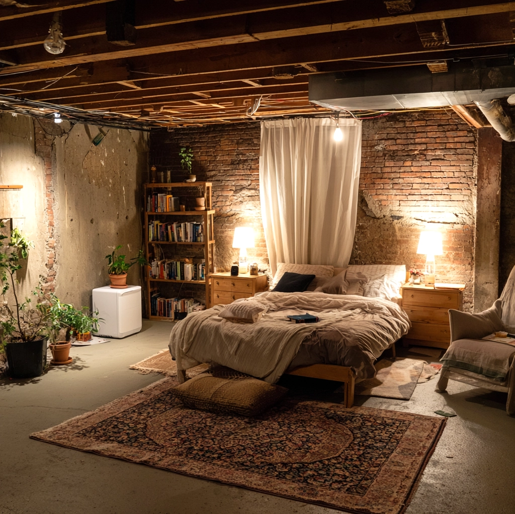 cozy unfinished basement bedroom