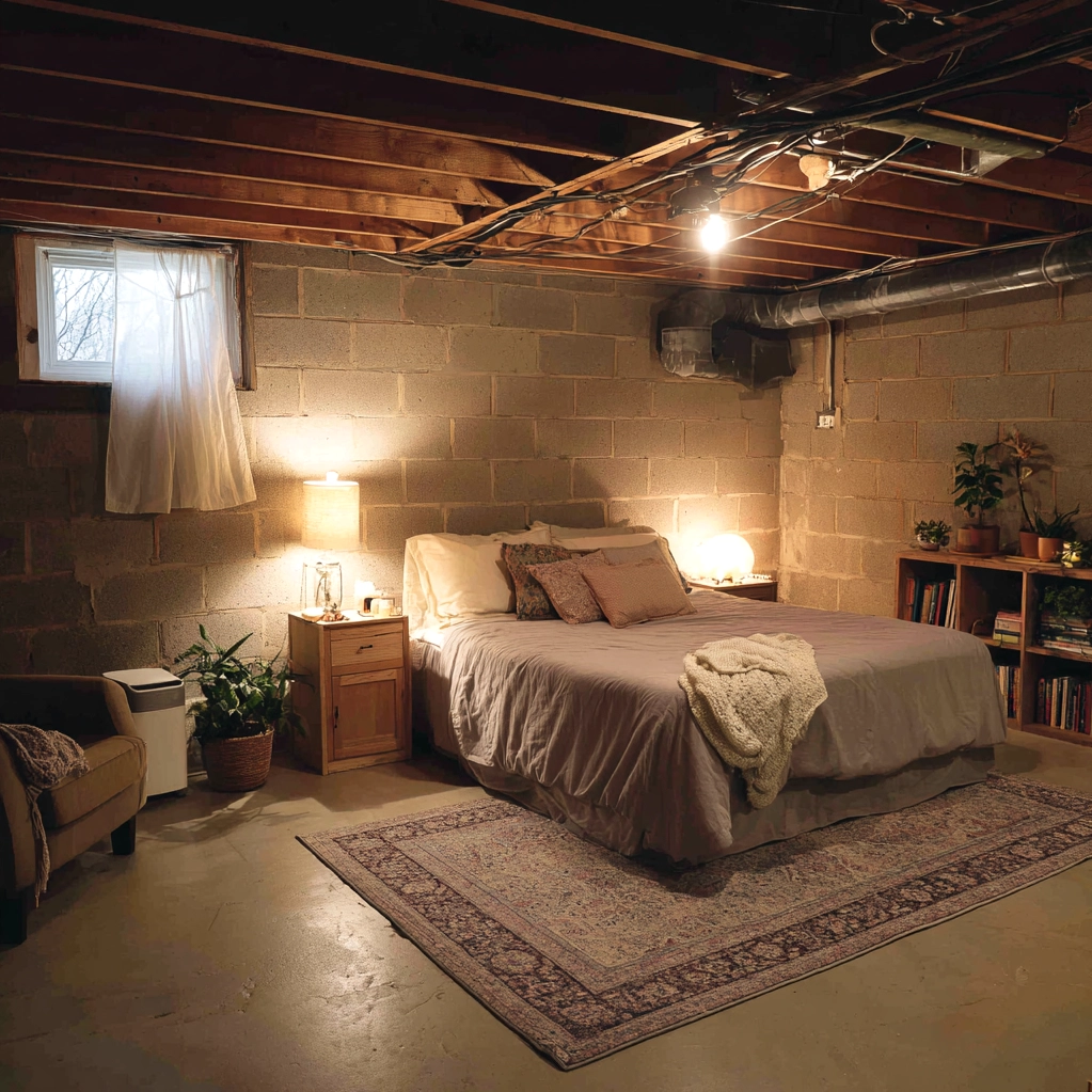 cozy unfinished basement bedroom