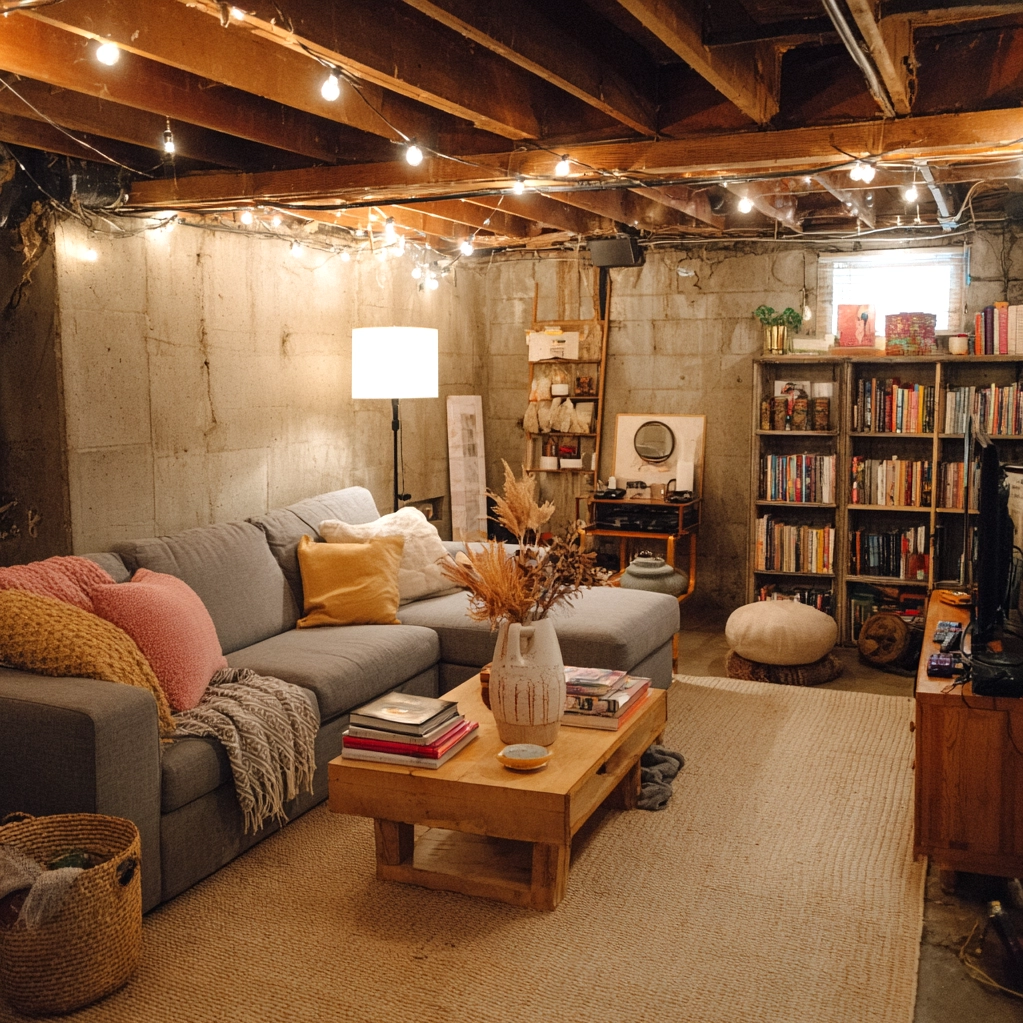 cozy unfinished basement family room