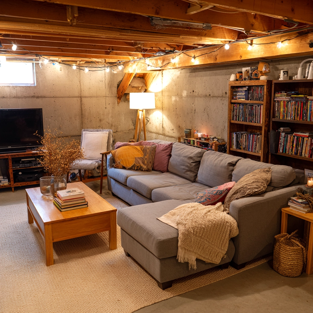 cozy unfinished basement family room