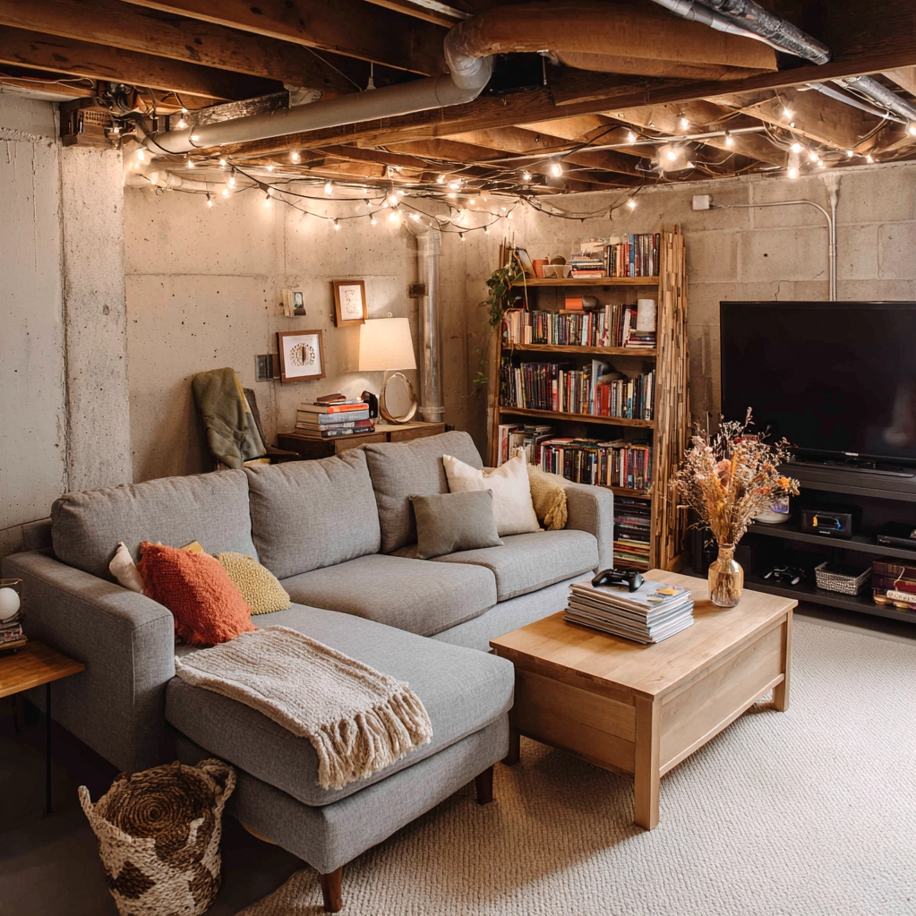 cozy unfinished basement family room