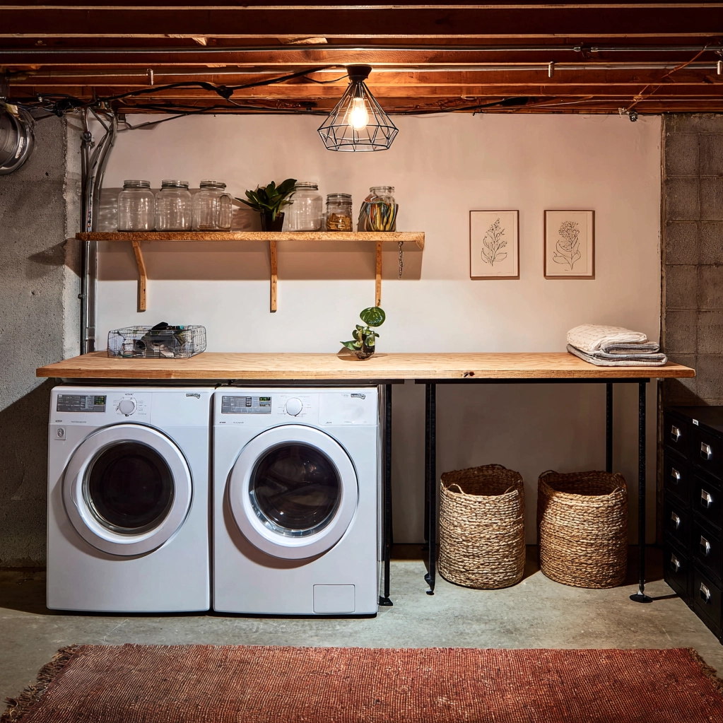 cozy unfinished basement laundry