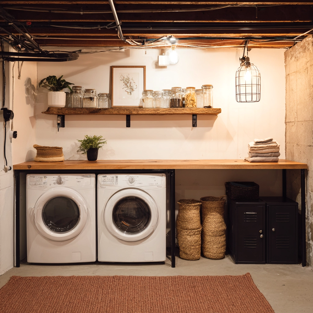 cozy unfinished basement laundry