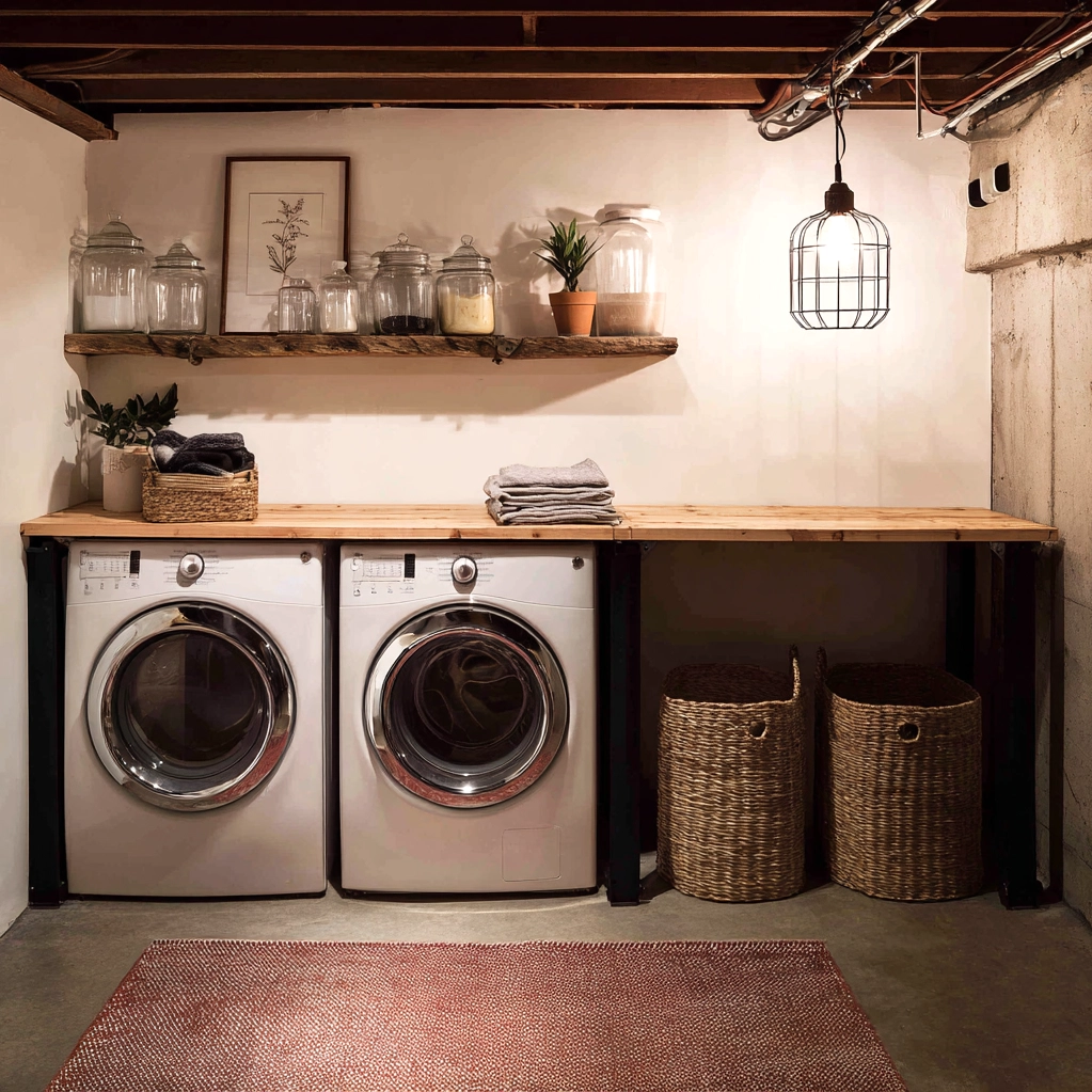 cozy unfinished basement laundry
