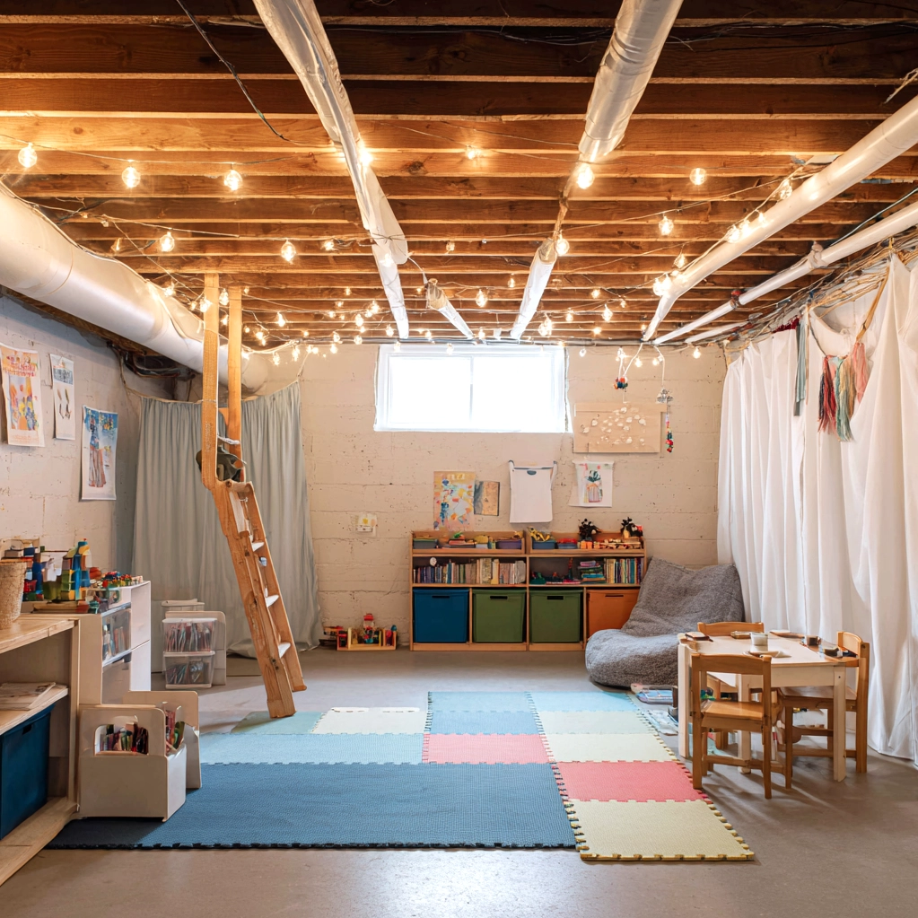 cozy unfinished basement playroom