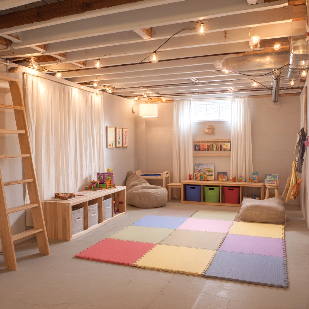 cozy unfinished basement playroom