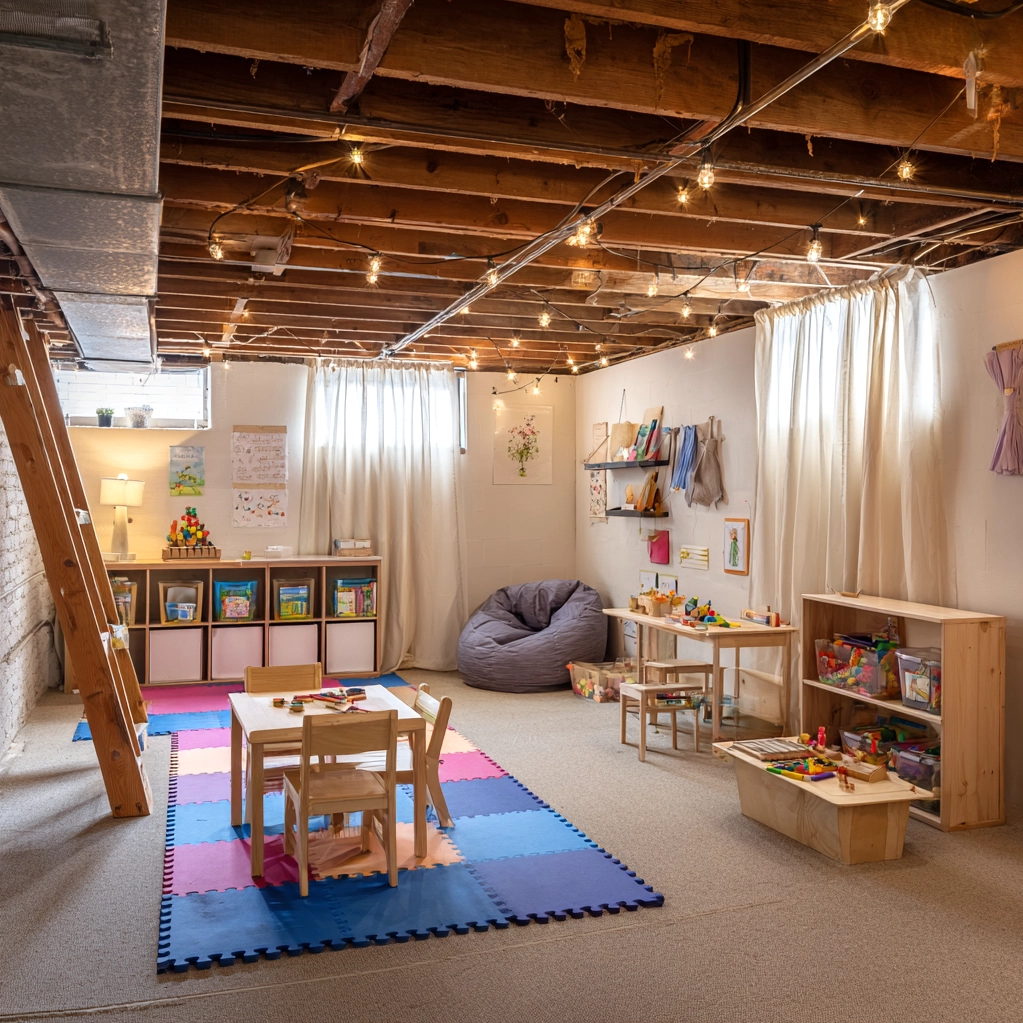 cozy unfinished basement playroom