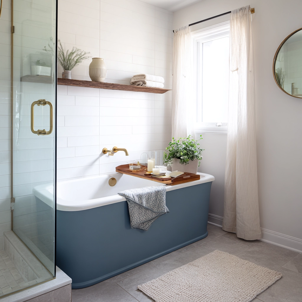 ideas for decorating around a blue bathtub