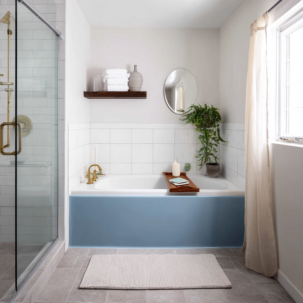 ideas for decorating around a blue bathtub